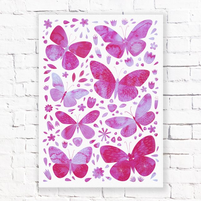 Schmetterlinge Wasserfarbe Magenta Pink Canvas Pri Leinwanddruck (Magenta pink butterfly watercolor art canvas print)