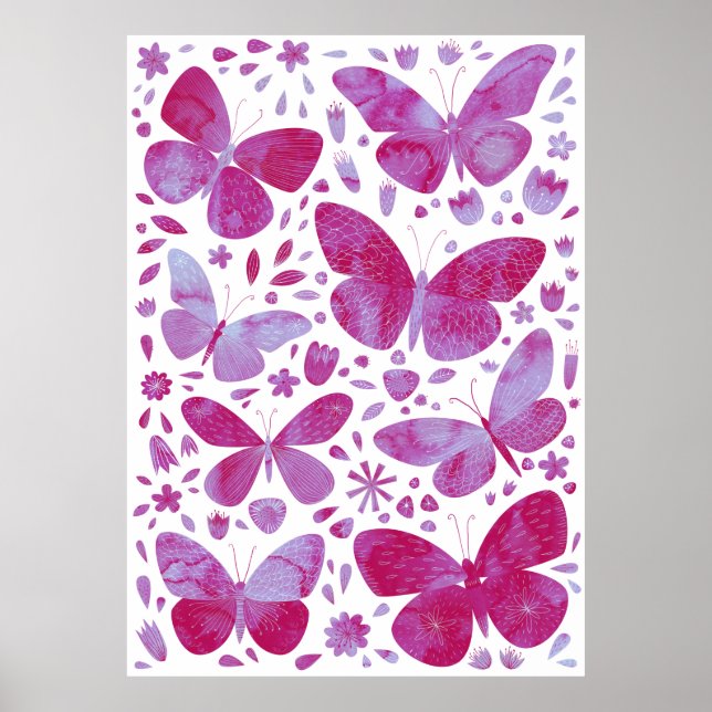 Schmetterlinge Wasserfarbe Magenta Pink Poster (Vorne)