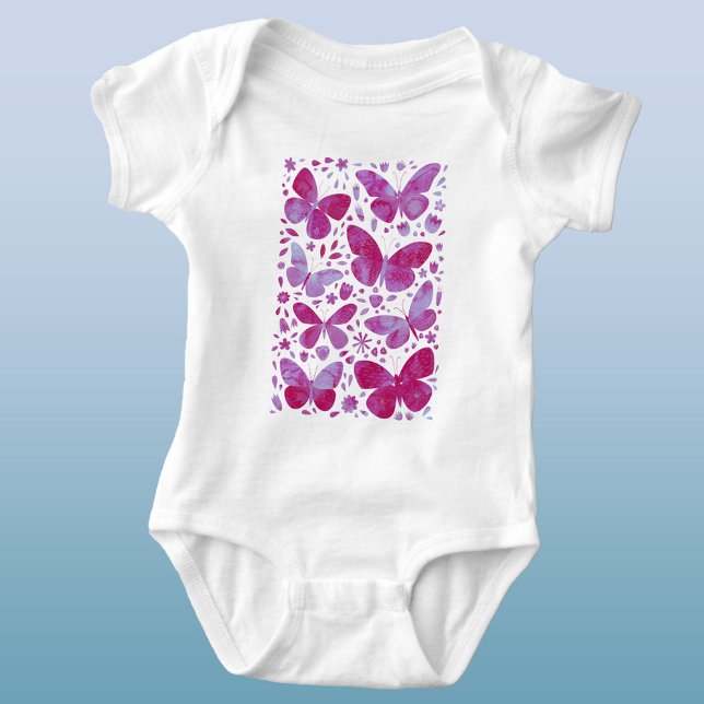 Schmetterlinge Wasserfarbe Magenta Rosa Baby Strampler (Magenta pink watercolor butterfly baby bodysuit)