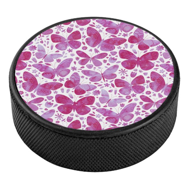 Schmetterlinge Wasserfarbe Magenta Rosa Eishockey Puck (3/4)