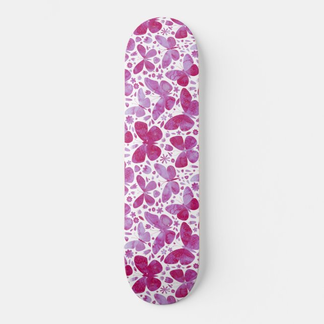 Schmetterlinge Wasserfarbe Magenta Rosa Skateboard (Vorderseite)