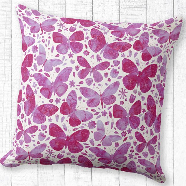 Schmetterlinge Wasserfarben-Muster rosa Kissen (Watercolor butterfly pattern magenta pink and white throw pillow)
