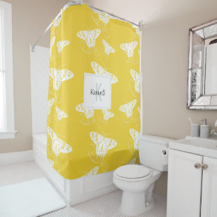 Schmetterlinge weiß auf gelbem Muster mit Namen Duschvorhang