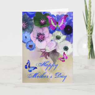SCHMETTERLINGE, WEIßE BLAUE ROSEN UND ANEMONENBLÜT KARTE
