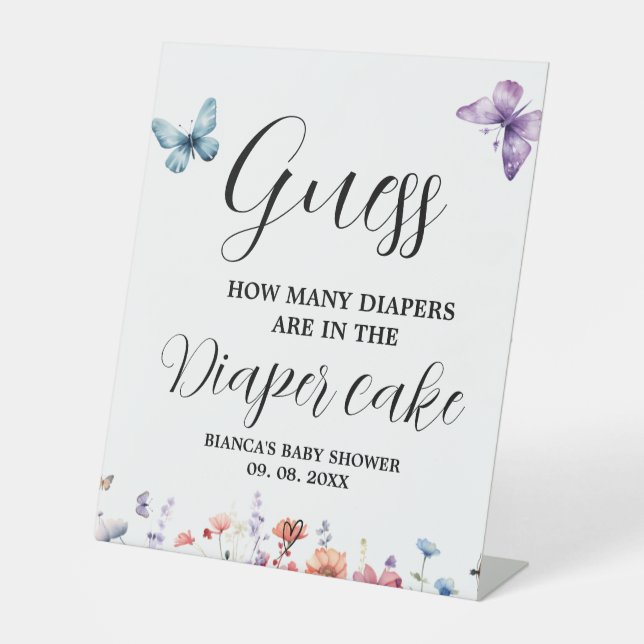 Schmetterlinge Windelkuchen mit Baby Shower Game Sockelschild (Vorderseite)