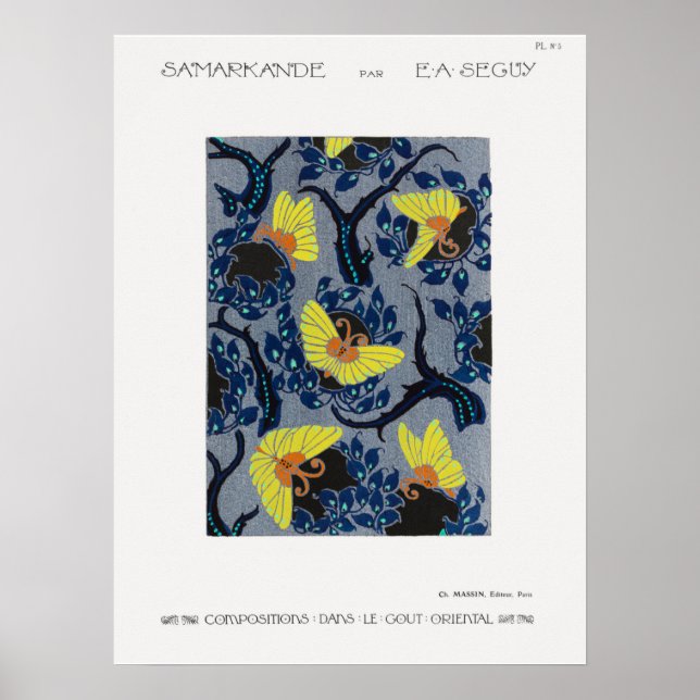 Schmetterlingpochoir-Muster im Jugendstil Poster (Vorne)