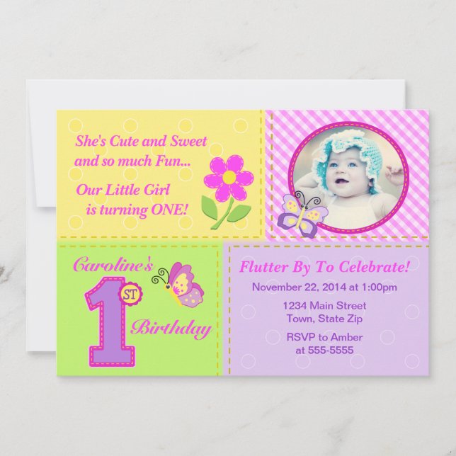 Schmetterlings-1. Geburtstags-Einladungs-12x18 Einladung (Vorderseite)