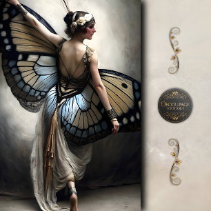 Schmetterlings-Ballerina in Creme und Blau-Dekoupa Seidenpapier