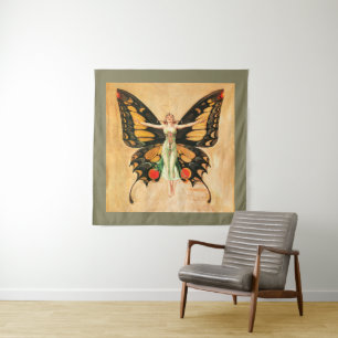 Schmetterlings-Fliegende-Frau-Illustration Wandteppich