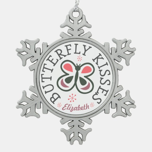 Schmetterlings-Kuss-moderner rosa u. lila Schneeflocken Zinn-Ornament (Vorderseite)
