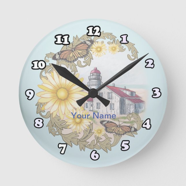 Schmetterlings-Leuchtturm-Uhr Runde Wanduhr (Vorderseite)