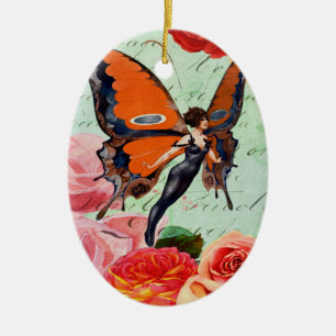 Schmetterlings-Mensch-Hybrid-Frau mit Rosen Keramikornament