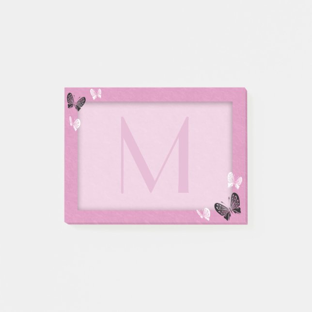 Schmetterlings-Monogramm auf Rosa Post-it Klebezettel (Vorderseite)