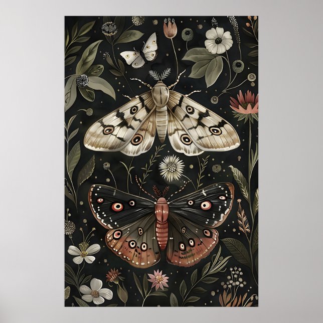 Schmetterlings-Motten-Druck, Dunkle Florale Botani Poster (Vorne)