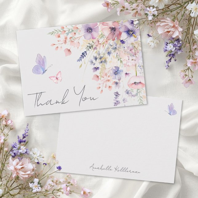 Schmetterlings-Röte Rosa Lila Wildblume Dankeskarte (Butterfly Blush Pink Purple Wildflower Thank You Card)