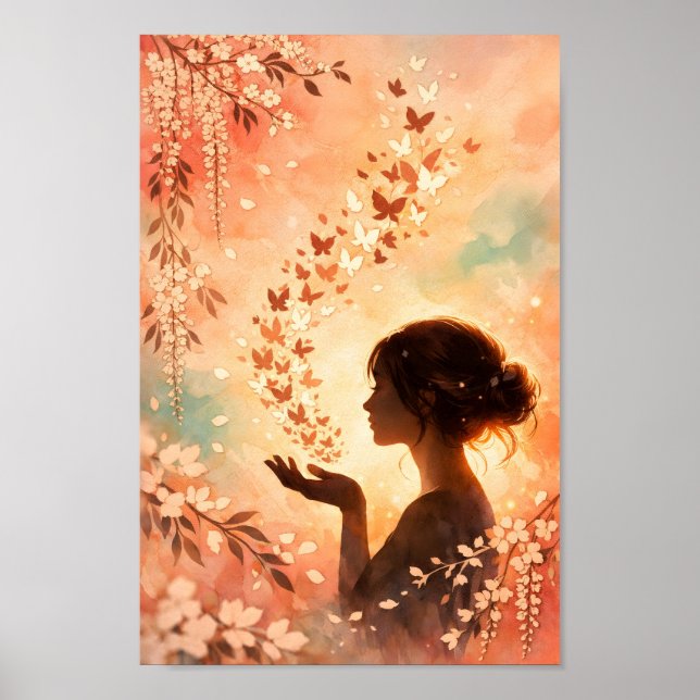 Schmetterlings-Silhouette Florales Mädchen Pfirsic Poster (Vorne)