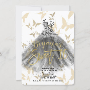Schmetterlings-Tanzkleid Schwarz & Gold Sweet 16 Einladung