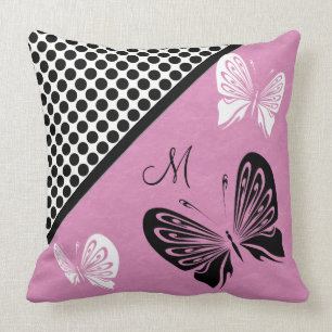 Schmetterlings-Tupfen auf rosa Monogramm Kissen