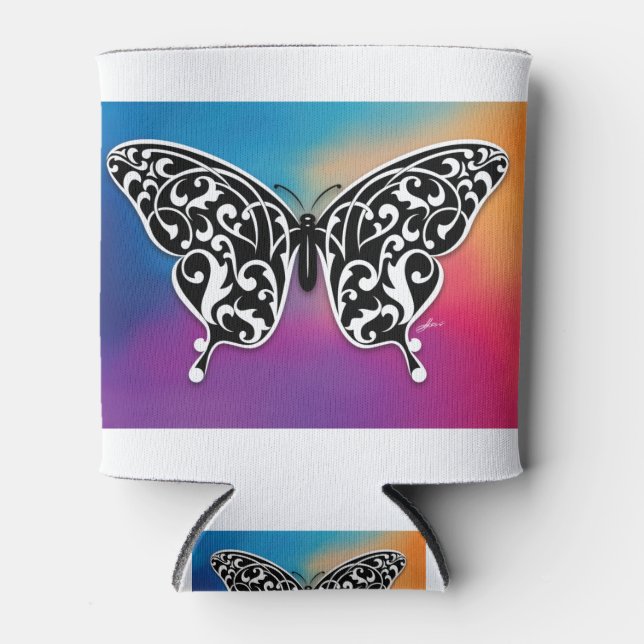 Schmetterlingsdesign mit Sunset-Farben Dosenkühler (Vorderseite)