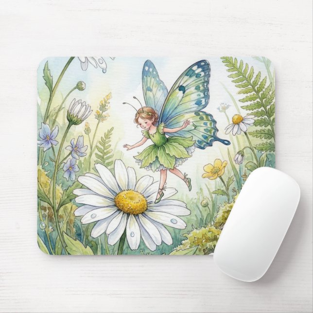 Schmetterlingsfee in einem Gänseblümchen-Garten Mousepad (Mit Mouse)