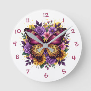Schmetterlingsgarten-Blüten-Purple-Gold-Blumendesi Runde Wanduhr