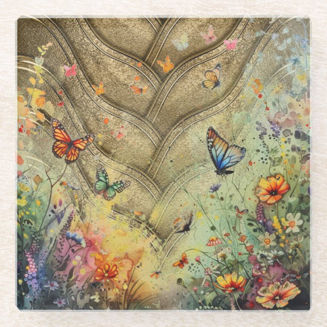Schmetterlingsgarten mit goldenem Akzent Glasuntersetzer (Vorderseite)