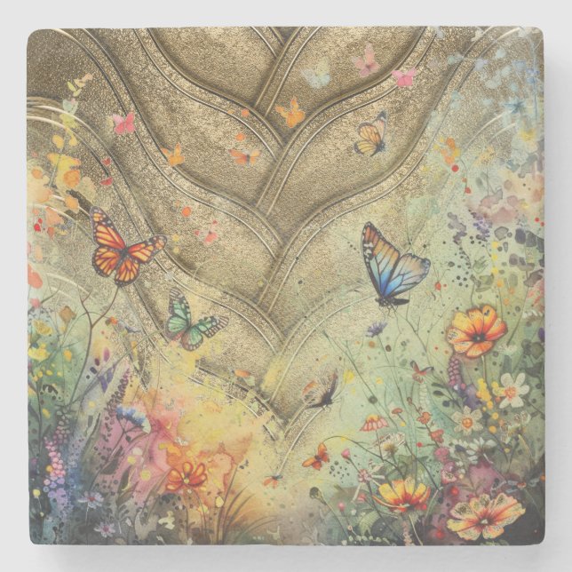 Schmetterlingsgarten mit goldenem Akzent Steinuntersetzer (Vorderseite)
