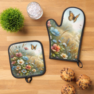 Schmetterlingsgarten Wildblumenwiese Ofenhandschuh & Topflappen-Set