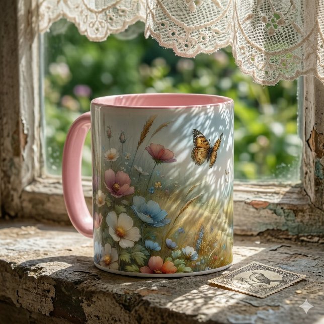 Schmetterlingsgarten Wildblumenwiese Tasse (Wildflower Meadow Butterfly Garden Mug)