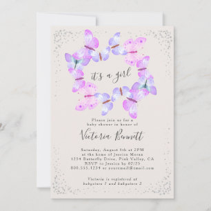 Schmetterlingshimmel Rosa Baby Shower für ein Mädc Einladung