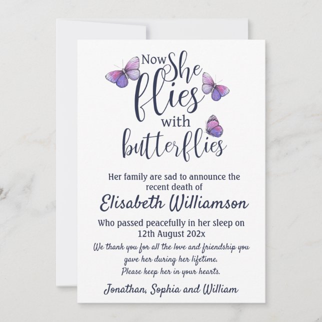 Schmetterlingshinweis zur Totenbeerdigung Ankündigung (Vorderseite)