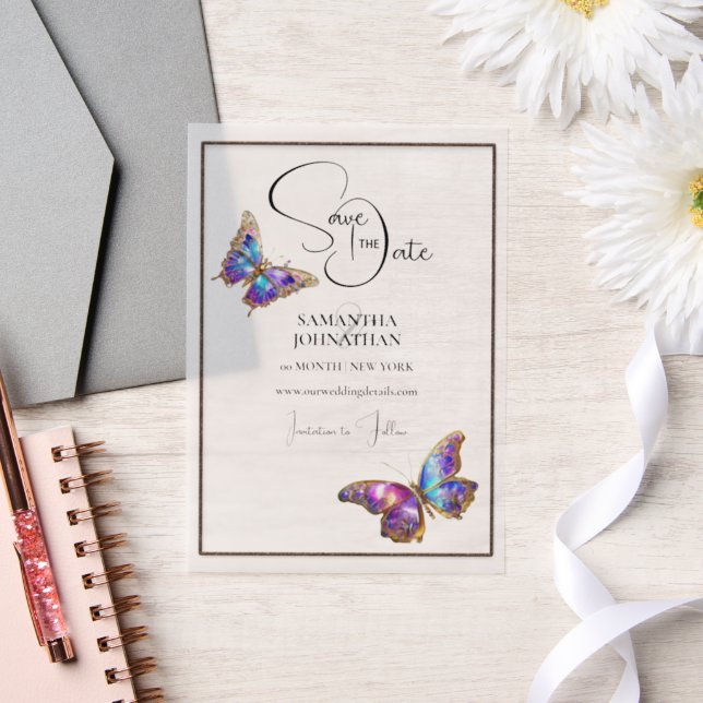 Schmetterlingsjuwel lila blau Save the Date (Hochzeit)