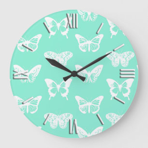 Schmetterlingskizze, Aqua und Weiß Große Wanduhr