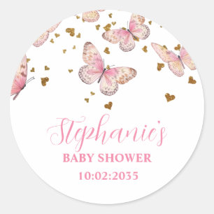 Schmetterlingsküsse Baby Shower in Rosa und Gold Runder Aufkleber