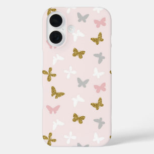 Schmetterlingsmuster in Rosa und Gold mit Glitter iPhone 16 Hülle