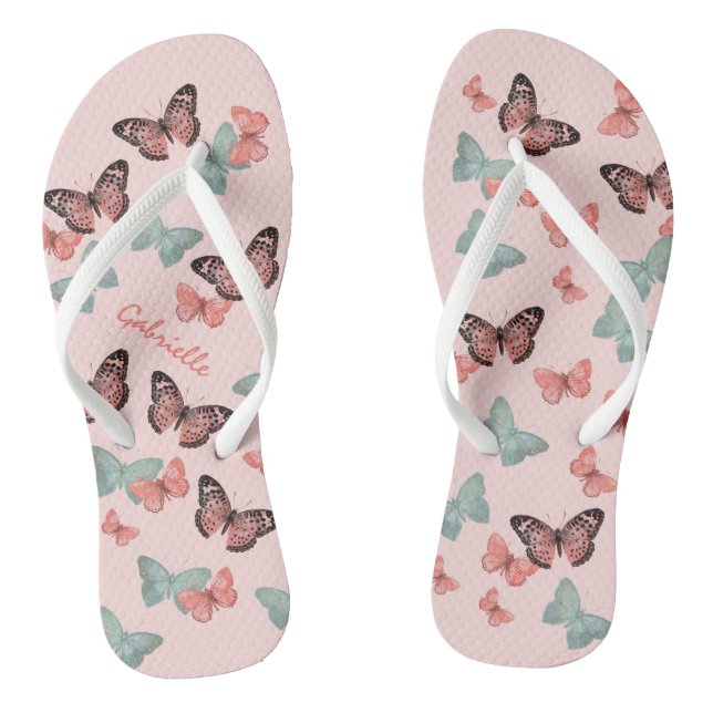 Schmetterlingsmuster Korallenrosa & Aquamarin - Pe Flip Flops (Fußbett)
