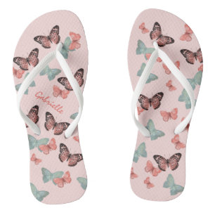 Schmetterlingsmuster Korallenrosa & Türkis - Perso Flip Flops