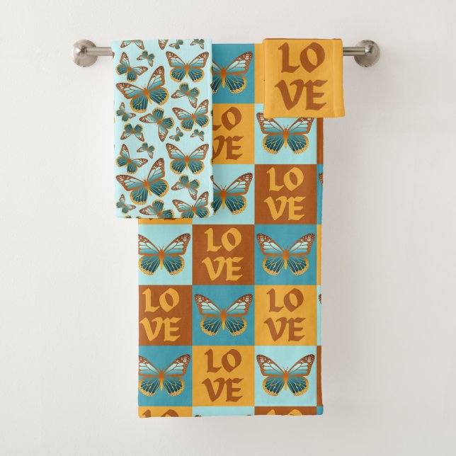 Schmetterlingsmuster-Liebe | Blau und Orangen Grad Badhandtuch Set (Insitu)
