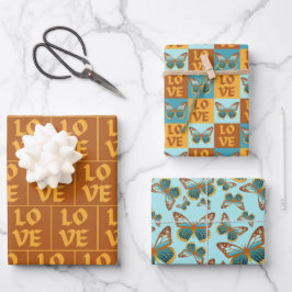 Schmetterlingsmuster-Liebe | Blau und Orangen Grad Geschenkpapier Set