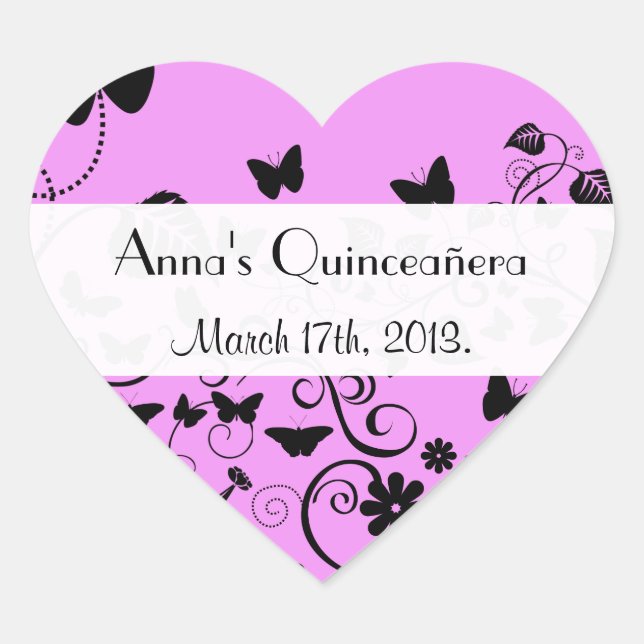 Schmetterlingsmuster, Schwarze Schmetterlinge, Qui Herz-Aufkleber (Vorderseite)