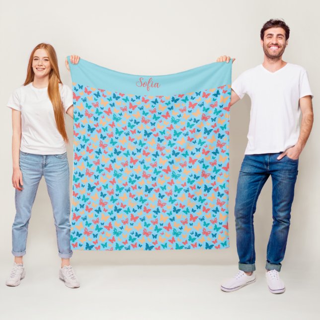 Schmetterlingsmuster Türkis lila blauer Name Fleecedecke (Beispiel)