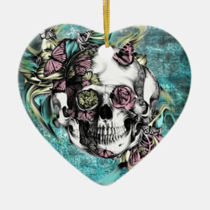 Schmetterlingsrauchschädel in blauem rosa und gelb keramikornament