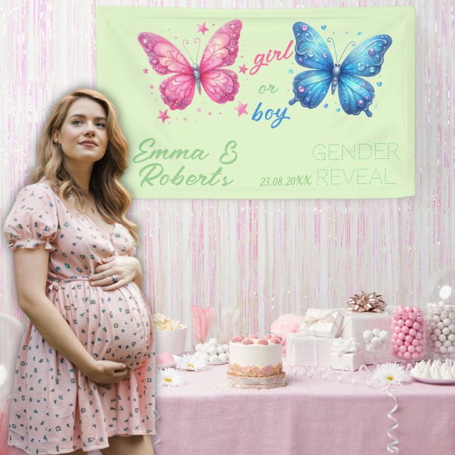 Schmetterlingssommer Gender Reveal Party Zollposte Banner (Von Creator hochgeladen)