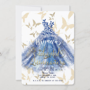 Schmetterlingstanz Blaues Kleid & Gold Quinceañera Einladung
