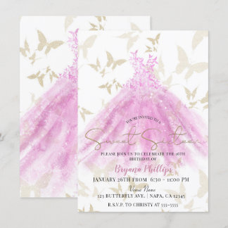 Schmetterlingstanz Rosa & Gold Kleid Sweet 16 Einladung