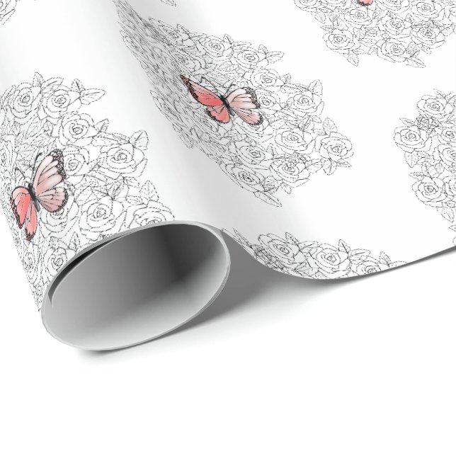 Schmetterlingsverpackungspapier mit Rose Geschenkpapier (Rolleneckpunkt)
