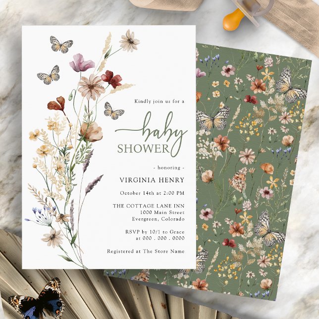 Schmetterlingswaage Grüne Babydusche Einladung (Boho Wildflowers Butterfly Sage Green Baby Shower Invitation by Painted Paperie)