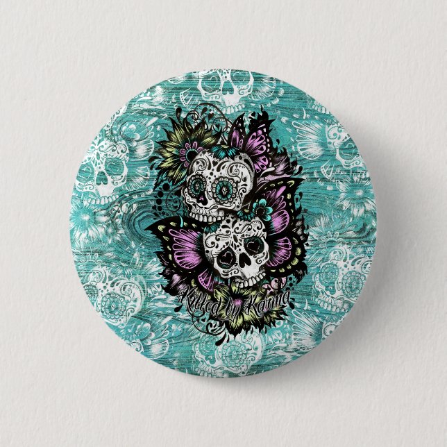 Schmetterlingszuckerschädelillustration im Blau Button (Vorderseite)