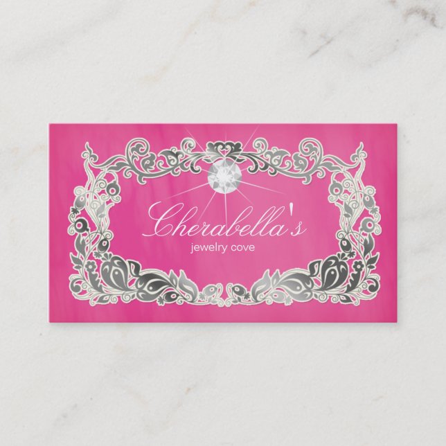 Schmuck Business Card Floral Pink Silber Diamanten Visitenkarte (Vorderseite)