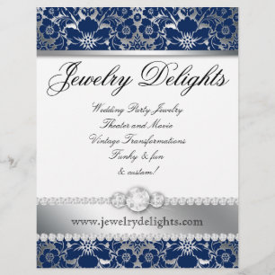 Schmuck Flyer Haar Salon Floral Damask Navy Silver